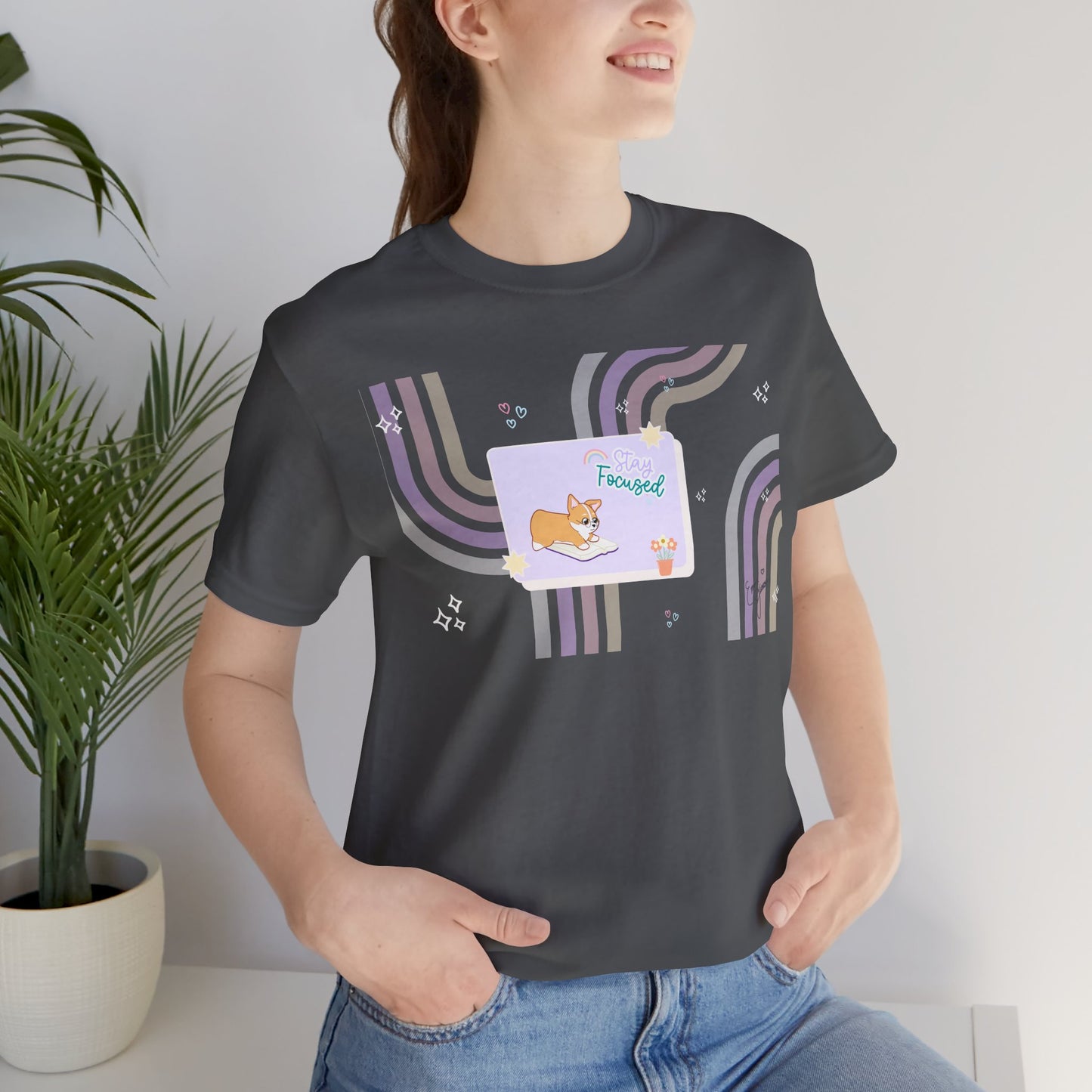 Corgi - Groovy Series - Stay Focused - Super Soft Cotton Airlume Unisex T-Shirt (Horizontal Graphic)