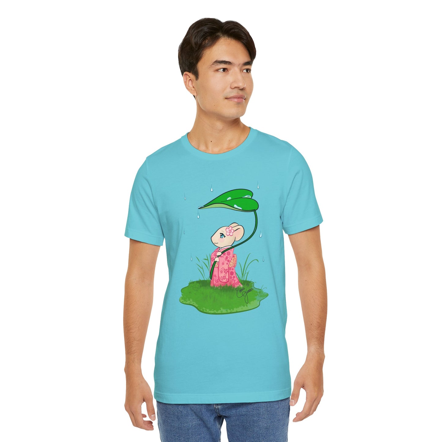 Sakura Mousie with a Leaf Umbrella on a Rainy Day - Super Soft Cotton Airlume Unisex T-Shirt (Large Graphic)