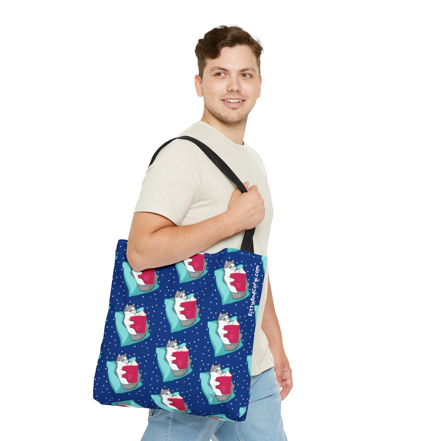 Kitty Reading a Book - Repeating Pattern in Midnight Blue - Tote Bag (AOP)