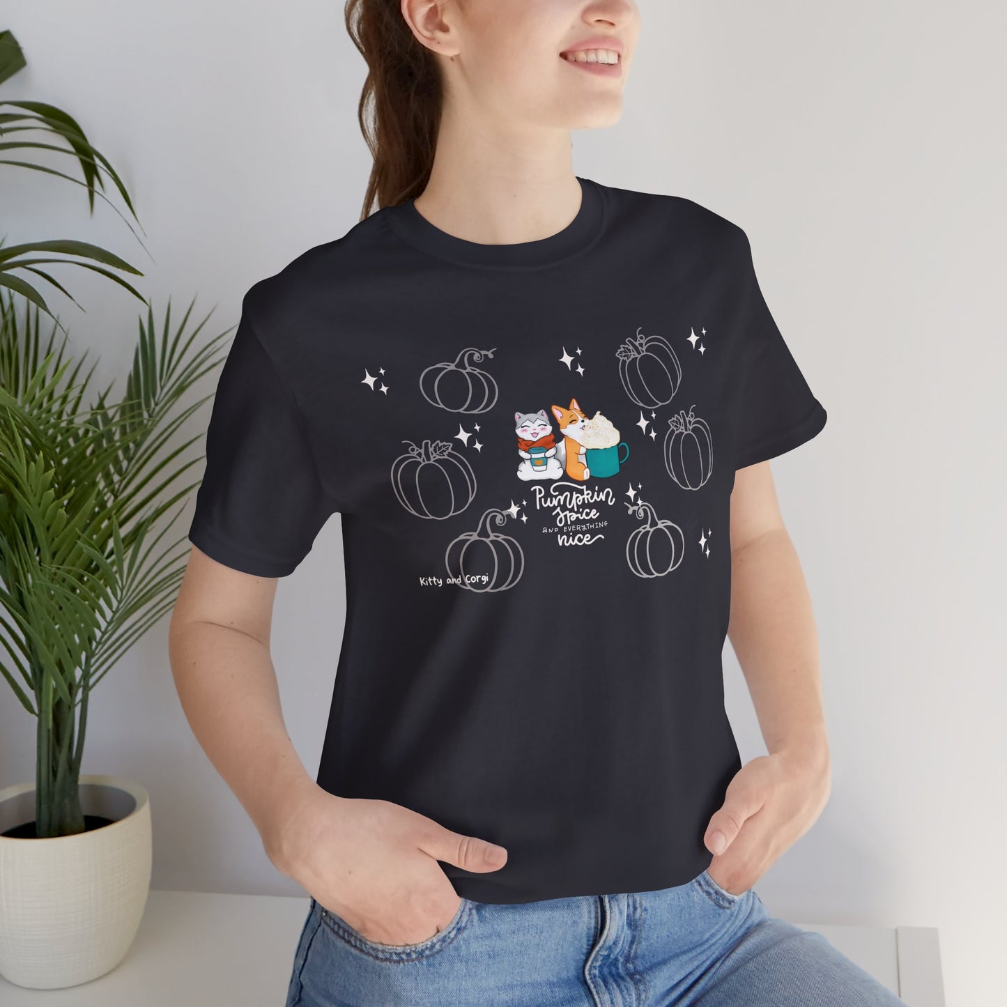 Kitty and Corgi - Pumpkin Spice and Everything Nice - Super Soft Cotton Airlume Unisex T-Shirt (Large Front Graphic)