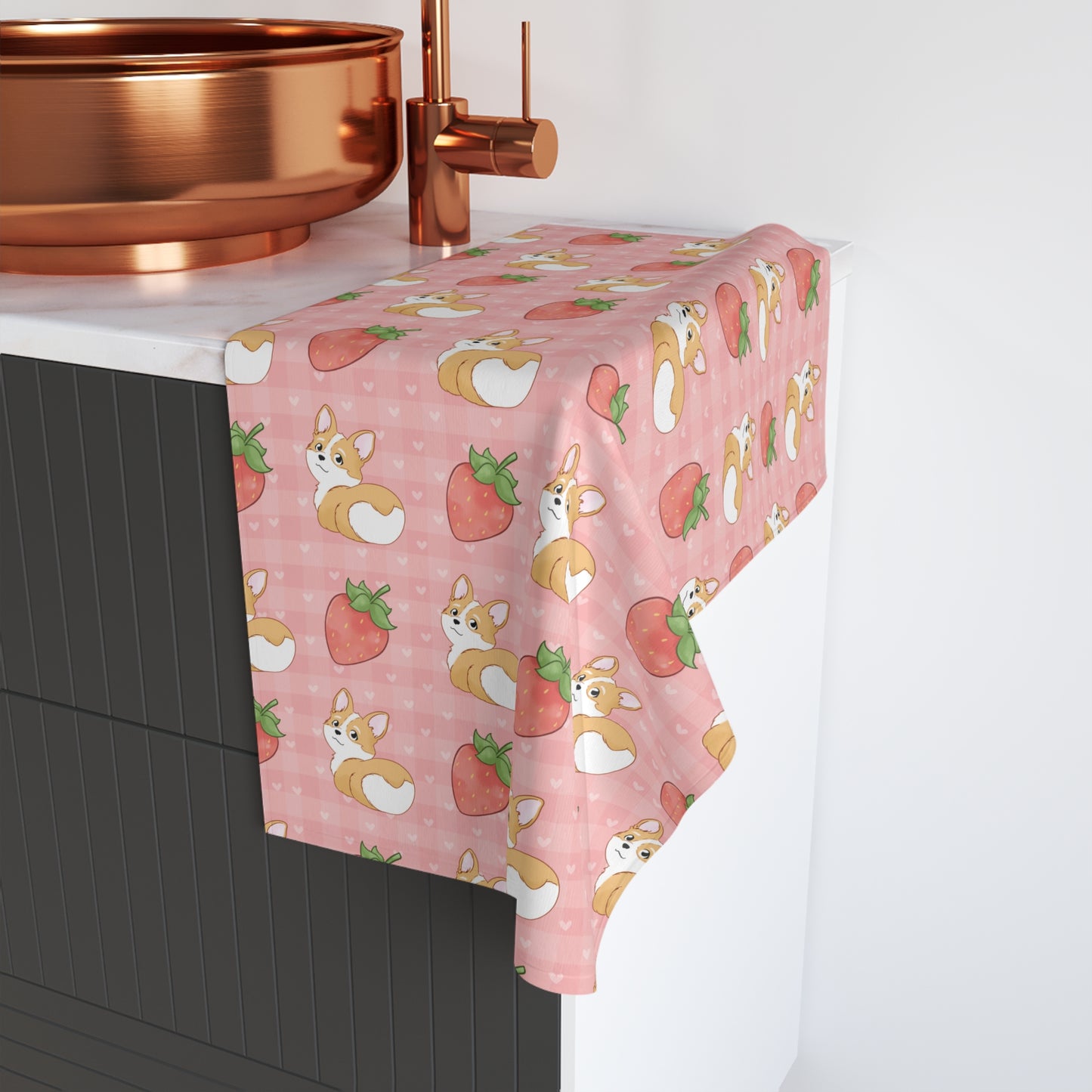 Corgi Butt and Strawberries Pink Hearts Gingham Hand Towel