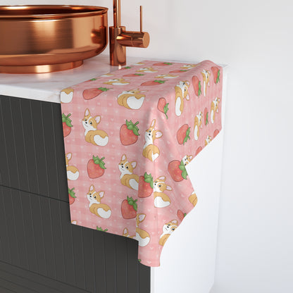 Corgi Butt and Strawberries Pink Hearts Gingham Hand Towel