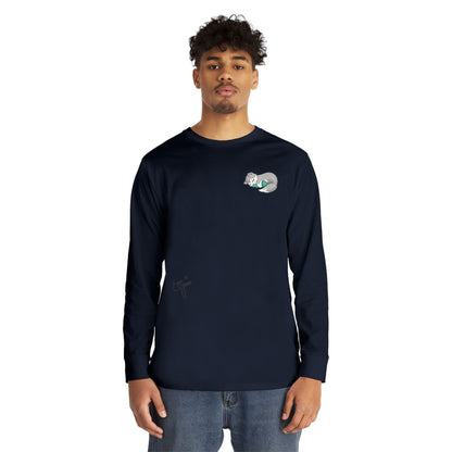 Sleepy Kitty snuggled up with her favorite Dino Plushie - Unisex Graphic Long Sleeve Tee