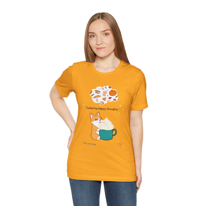 Corgi is Fueled by Happy Thoughts of Fall and Pumpkin Spice - Super Soft Cotton Airlume Unisex T-Shirt (Large Graphic)
