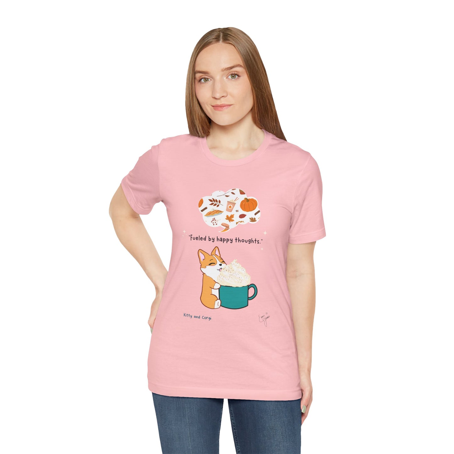 Corgi is Fueled by Happy Thoughts of Fall and Pumpkin Spice - Super Soft Cotton Airlume Unisex T-Shirt (Large Graphic)