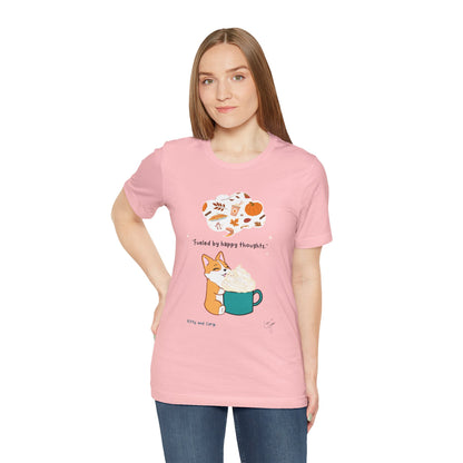 Corgi is Fueled by Happy Thoughts of Fall and Pumpkin Spice - Super Soft Cotton Airlume Unisex T-Shirt (Large Graphic)
