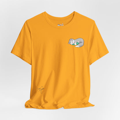Kitty and Corgi — Sleepy Kitty Snuggling Her Dino Plushie — Super Soft Cotton Airlume Unisex T-Shirt