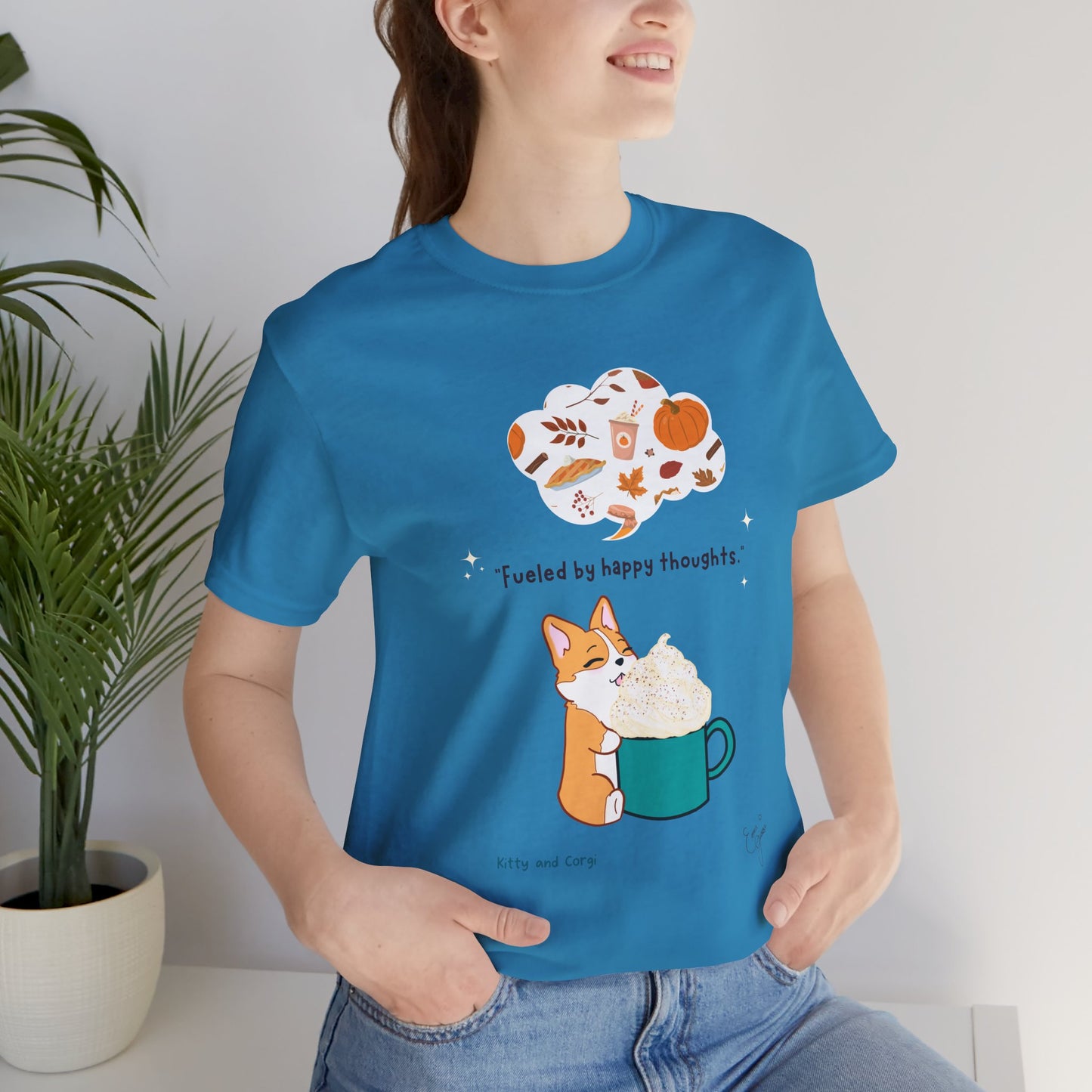 Corgi is Fueled by Happy Thoughts of Fall and Pumpkin Spice - Super Soft Cotton Airlume Unisex T-Shirt (Large Graphic)