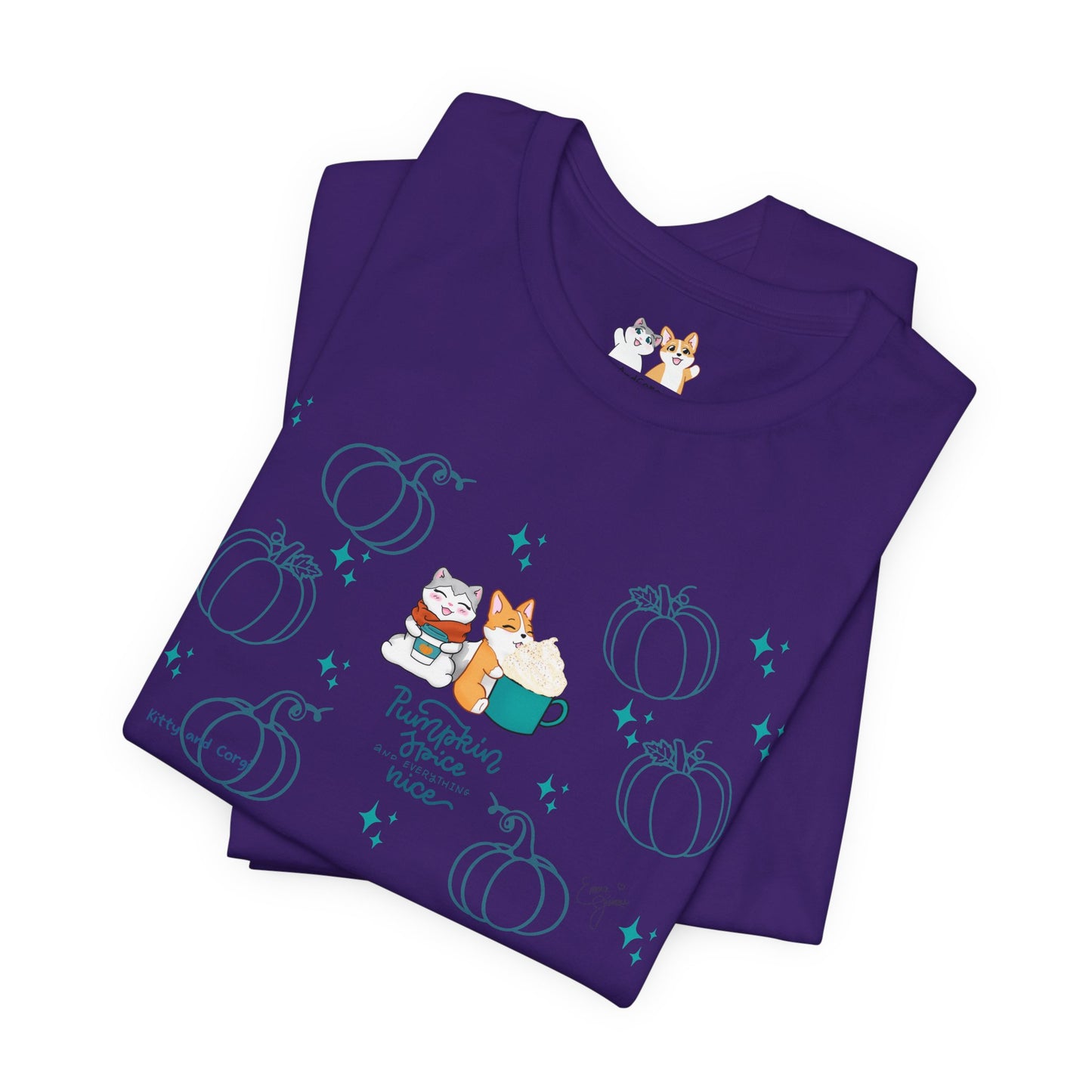 Kitty and Corgi - Pumpkin Spice and Everything Nice - Super Soft Cotton Airlume Unisex T-Shirt (Large Front Graphic)