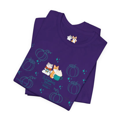 Kitty and Corgi - Pumpkin Spice and Everything Nice - Super Soft Cotton Airlume Unisex T-Shirt (Large Front Graphic)