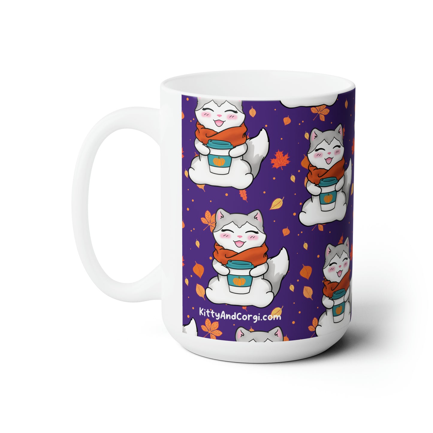 Kitty loves her seasonal Fall drinks! - Purple patterned mug - 15oz