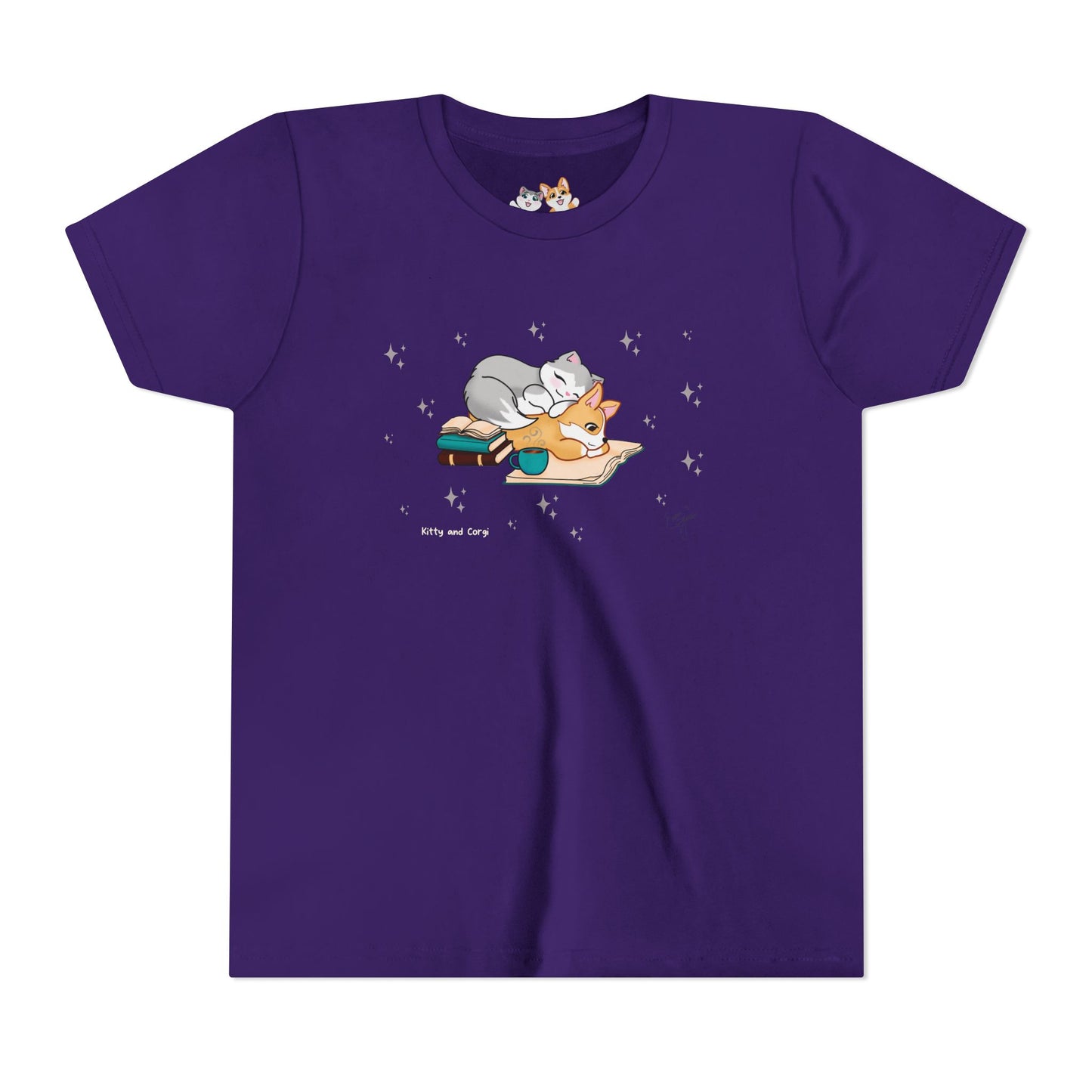 Youth Tee —  Kitty and Corgi Cuddles and Books - Unisex Youth/ Children's Graphic Tee