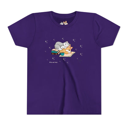 Youth Tee —  Kitty and Corgi Cuddles and Books - Unisex Youth/ Children's Graphic Tee