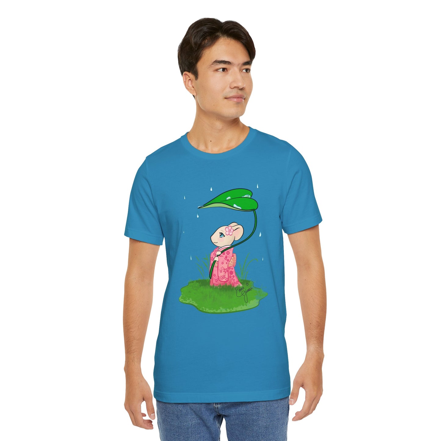 Sakura Mousie with a Leaf Umbrella on a Rainy Day - Super Soft Cotton Airlume Unisex T-Shirt (Large Graphic)