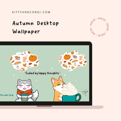 Sage Green Kitty and Corgi Cozy Fall Vibes 4k Desktop Wallpaper Bundle