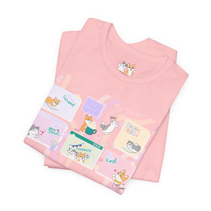 Kitty and Corgi - Groovy Encouragement Compilation - Super Soft Cotton Airlume Unisex T-Shirt (Horizontal Graphic)