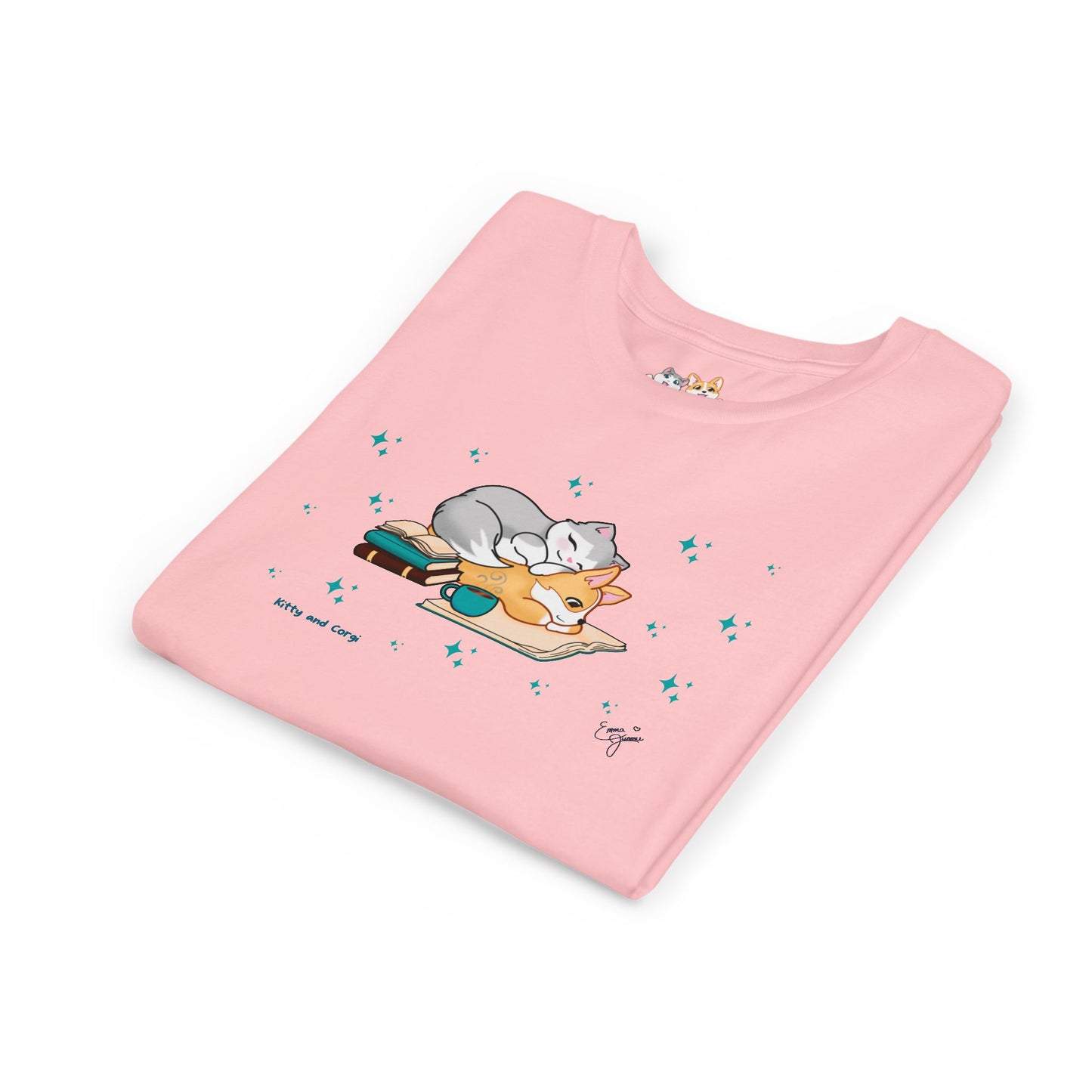 Youth Tee —  Kitty and Corgi Cuddles and Books - Unisex Youth/ Children's Graphic Tee