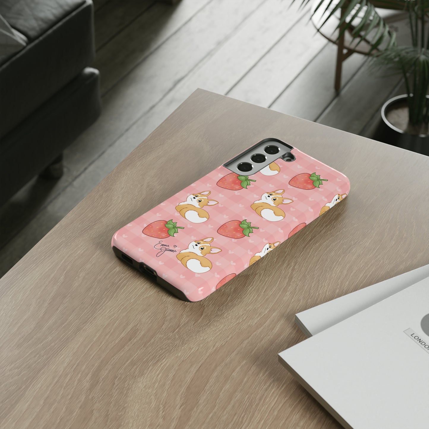 Corgi Butt and Strawberries Cute Pink Gingham Hearts Tough Case
