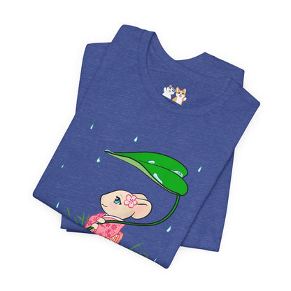 Sakura Mousie with a Leaf Umbrella on a Rainy Day - Super Soft Cotton Airlume Unisex T-Shirt (Large Graphic)