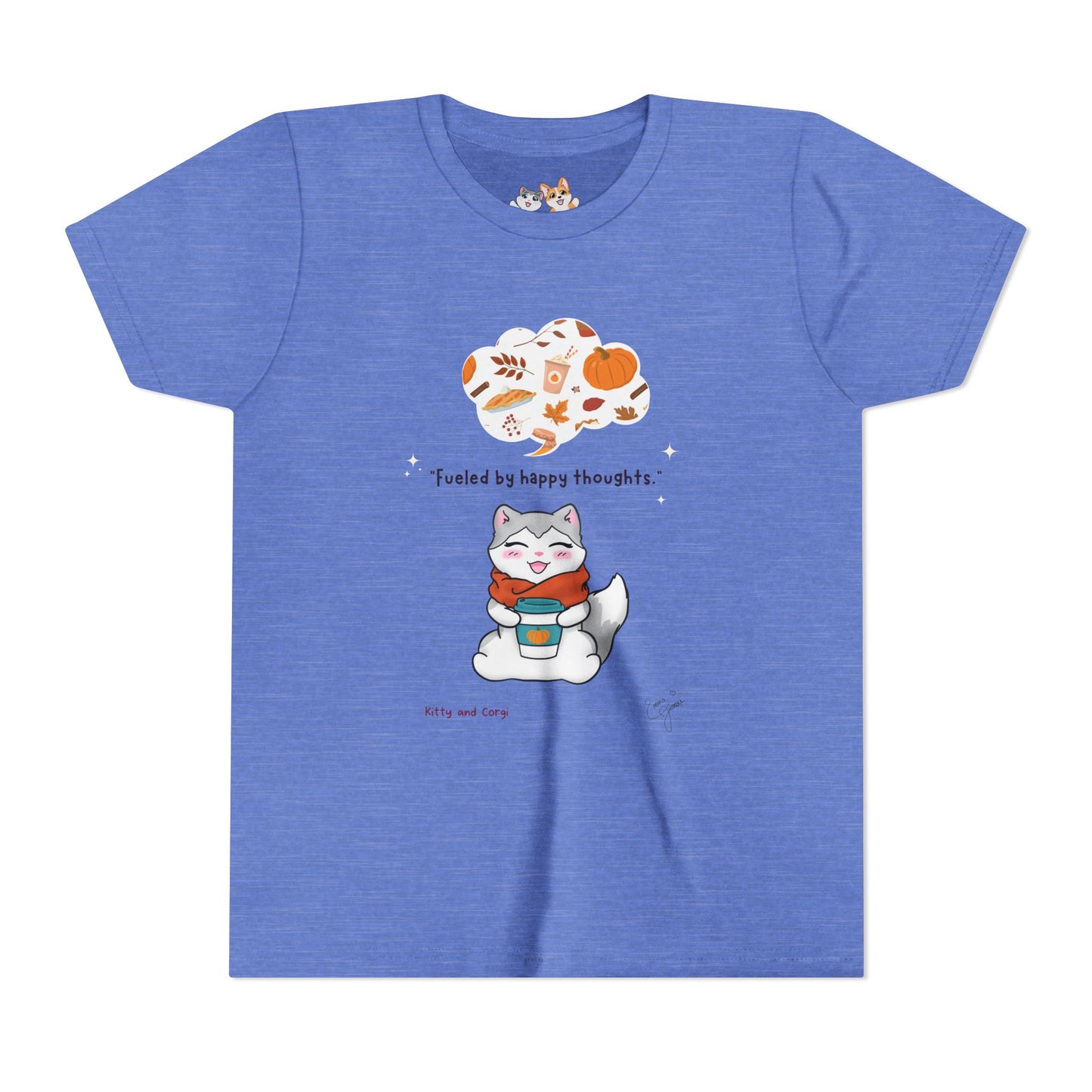 Youth Tee — Kitty loves Autumn - Fueled by Happy Thoughts - Unisex Youth/ Children's Graphic Tee