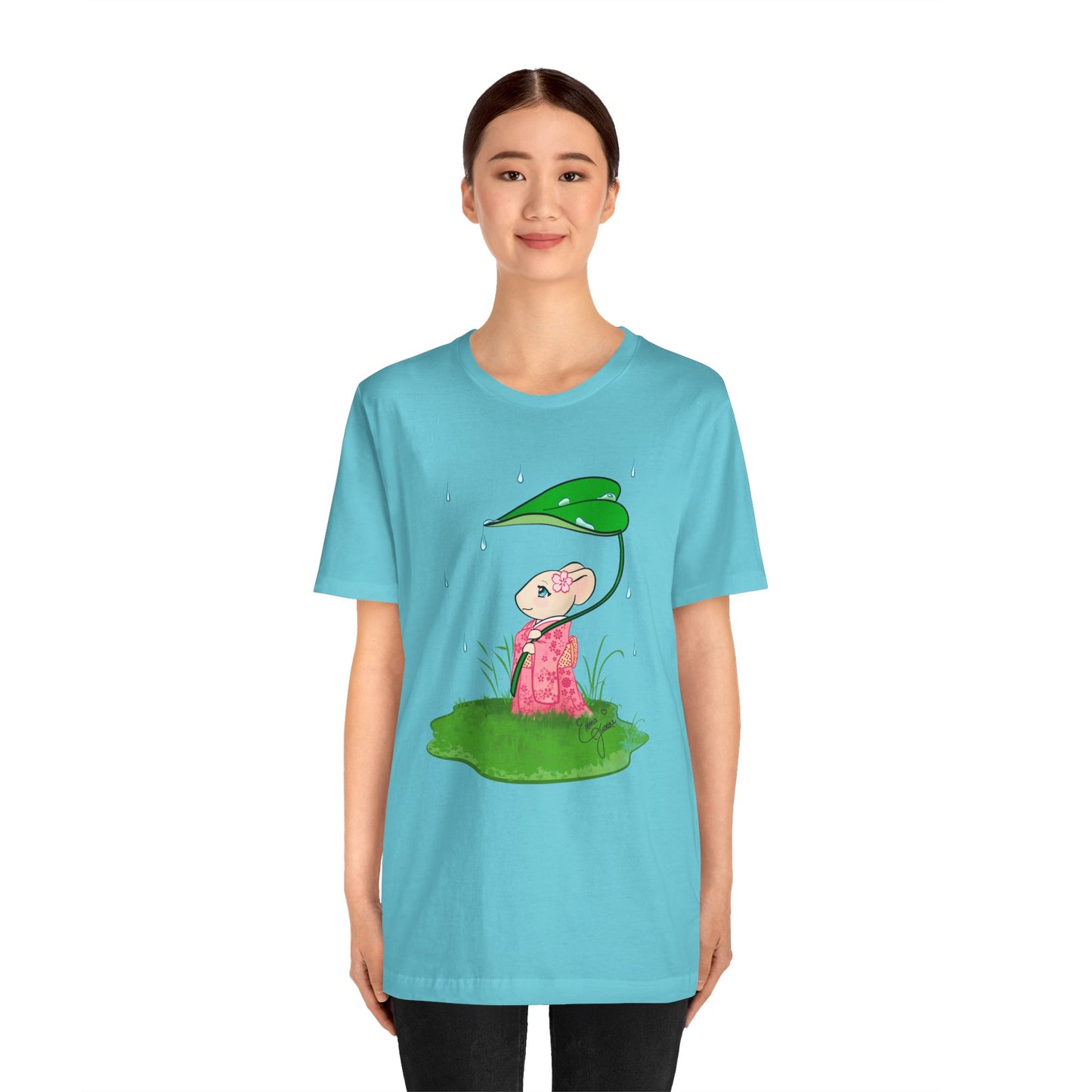 Sakura Mousie with a Leaf Umbrella on a Rainy Day - Super Soft Cotton Airlume Unisex T-Shirt (Large Graphic)