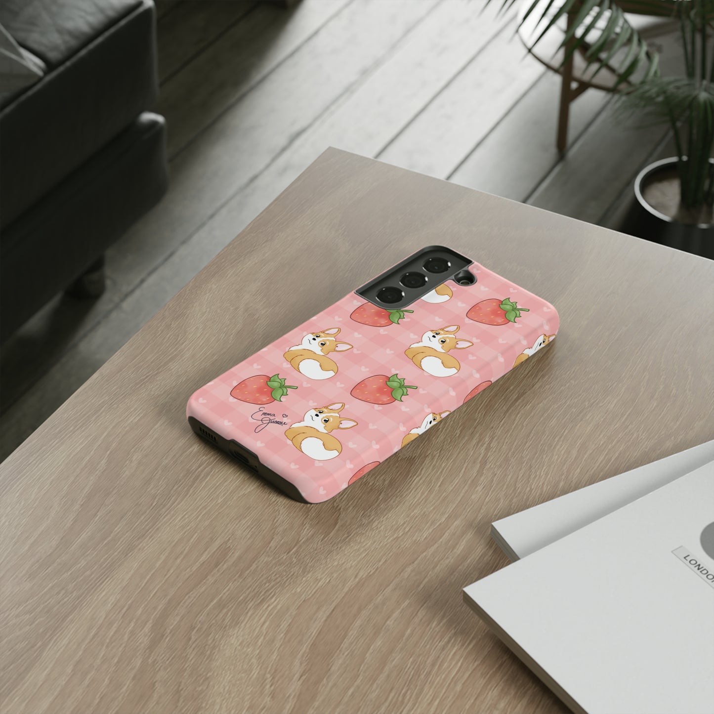 Corgi Butt and Strawberries Cute Pink Gingham Hearts Tough Case