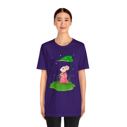 Sakura Mousie with a Leaf Umbrella on a Rainy Day - Super Soft Cotton Airlume Unisex T-Shirt (Large Graphic)