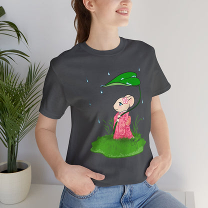 Sakura Mousie with a Leaf Umbrella on a Rainy Day - Super Soft Cotton Airlume Unisex T-Shirt (Large Graphic)