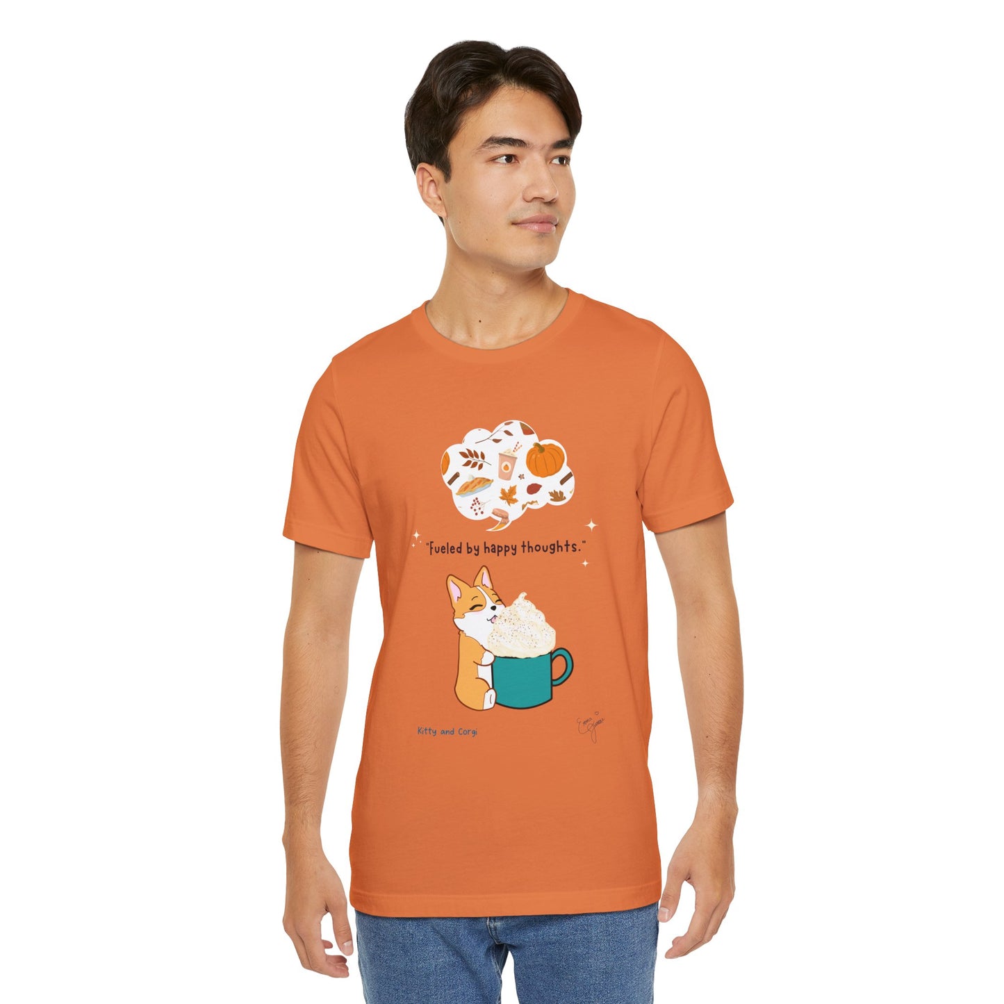 Corgi is Fueled by Happy Thoughts of Fall and Pumpkin Spice - Super Soft Cotton Airlume Unisex T-Shirt (Large Graphic)