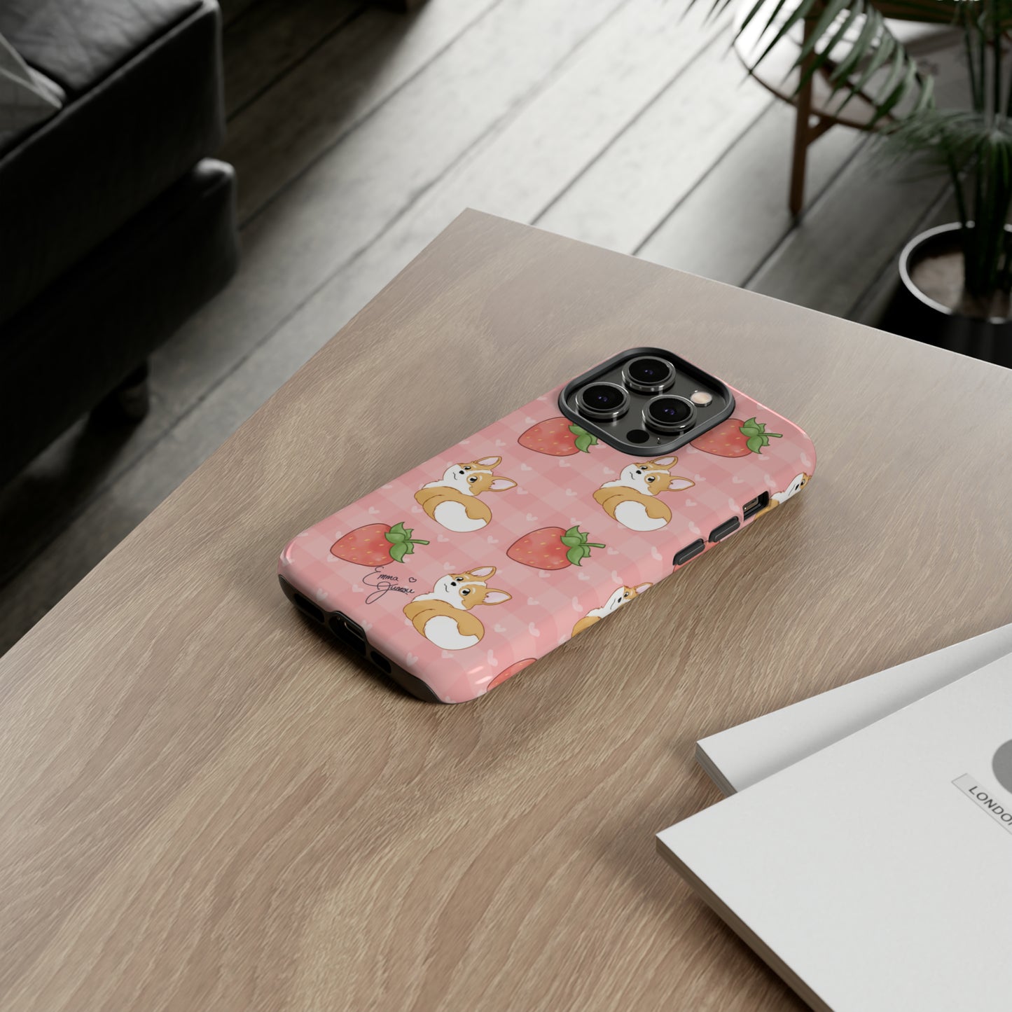Corgi Butt and Strawberries Cute Pink Gingham Hearts Tough Case