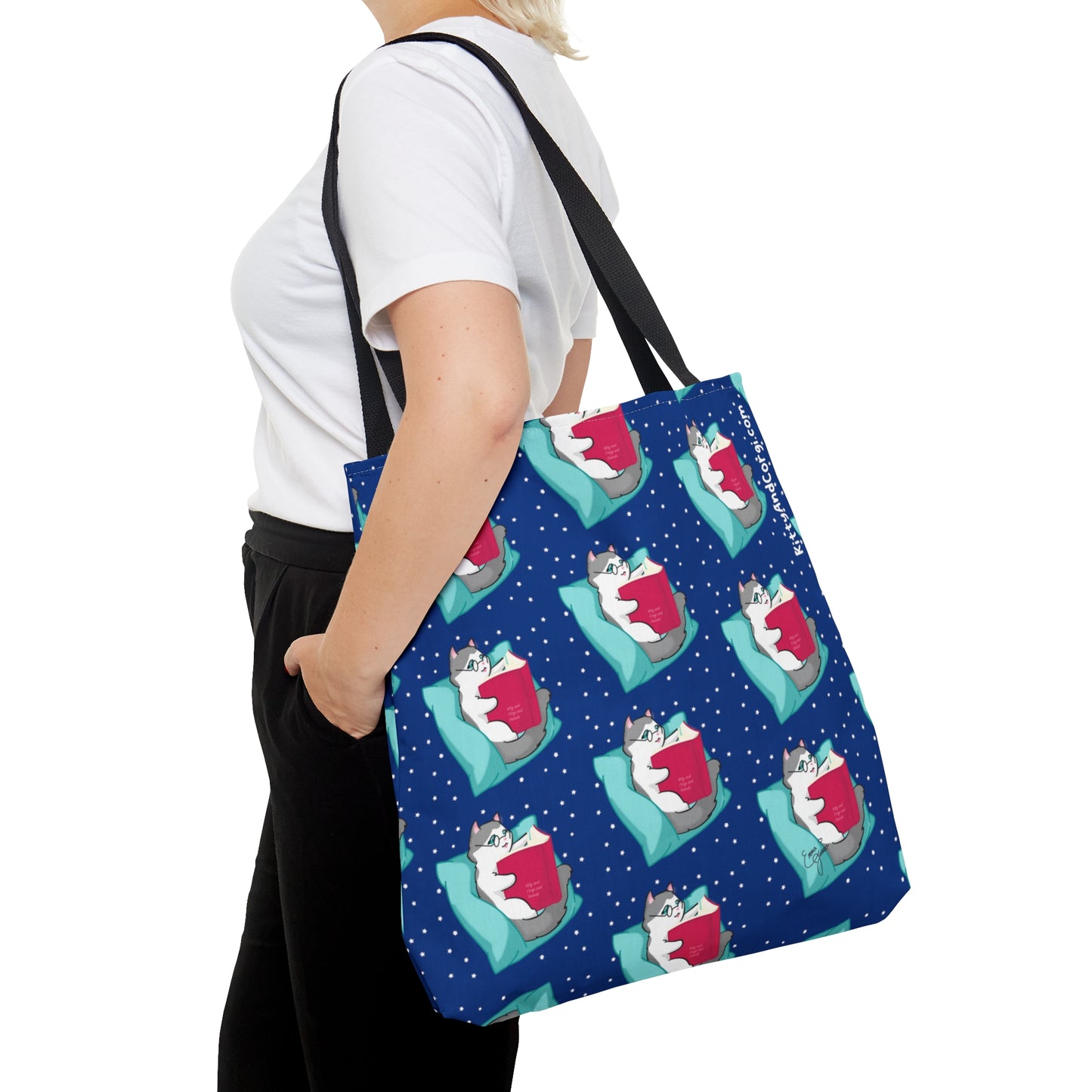 Kitty Reading a Book - Repeating Pattern in Midnight Blue - Tote Bag (AOP)
