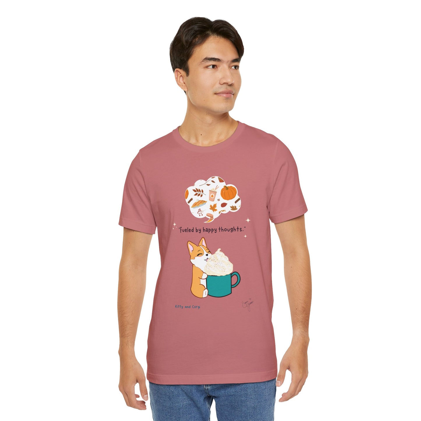 Corgi is Fueled by Happy Thoughts of Fall and Pumpkin Spice - Super Soft Cotton Airlume Unisex T-Shirt (Large Graphic)