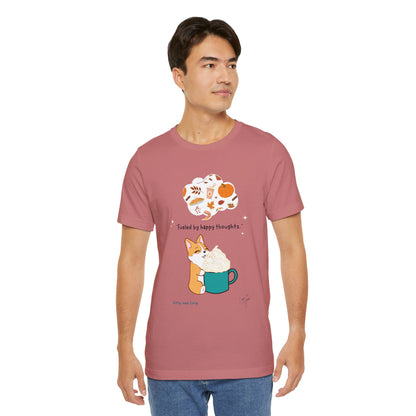 Corgi is Fueled by Happy Thoughts of Fall and Pumpkin Spice - Super Soft Cotton Airlume Unisex T-Shirt (Large Graphic)