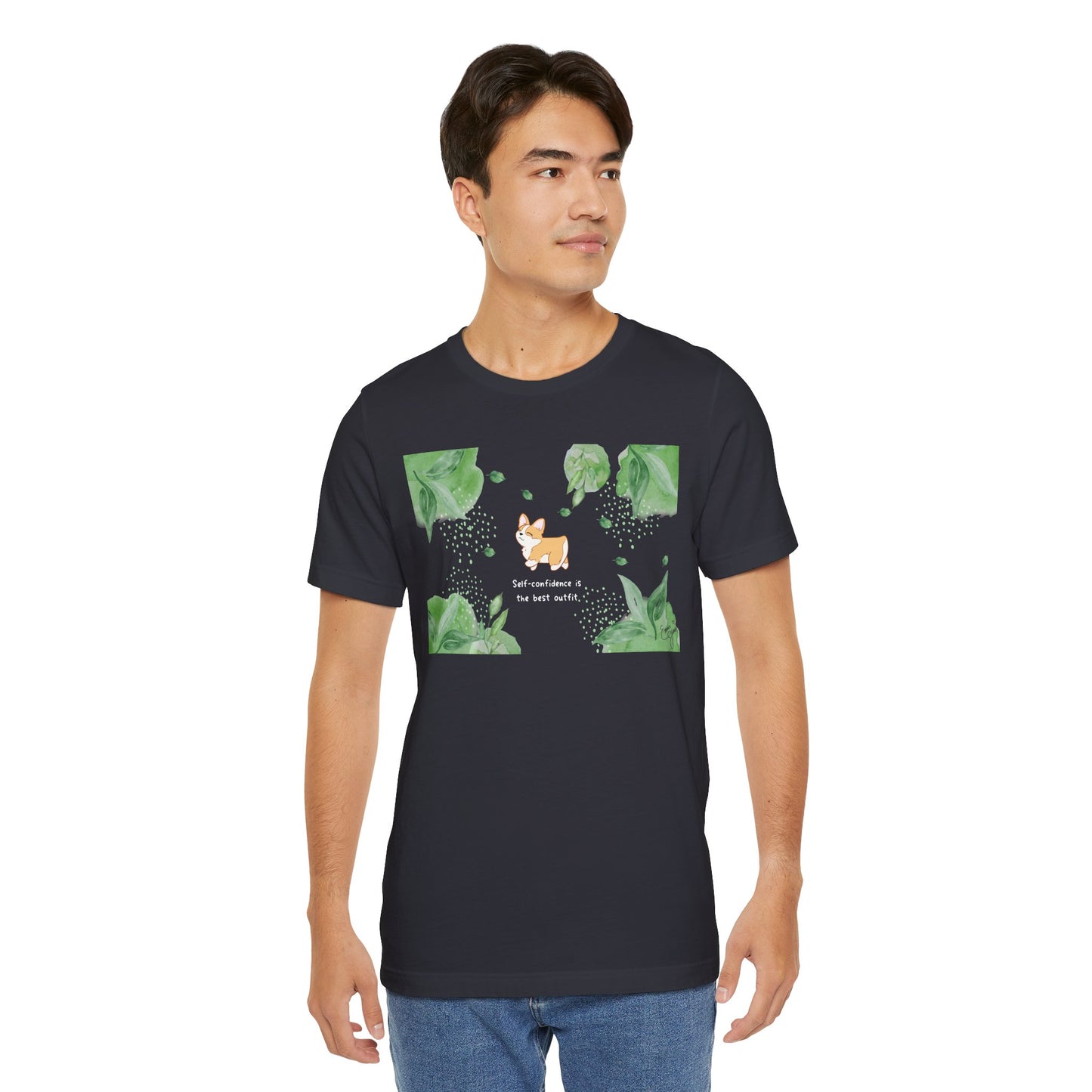 Corgi - Confidence is the Best Outfit - Super Soft Cotton Airlume Unisex T-Shirt (Horizontal Graphic)