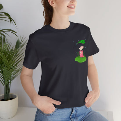 Sakura Mousie with a Leaf Umbrella on a Rainy Day - Super Soft Cotton Airlume Unisex T-Shirt (Small Pocket Graphic)
