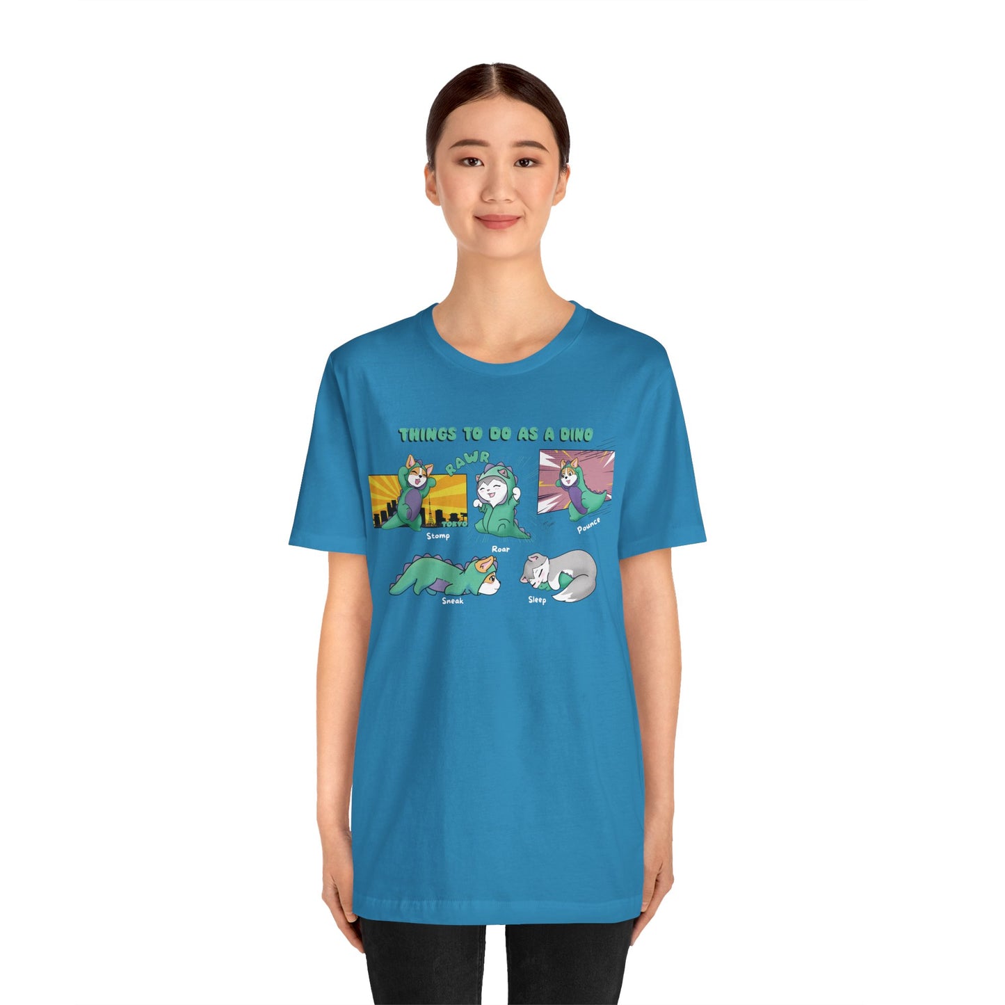 Kitty and Corgi - Things To Do As A Dino - Super Soft Cotton Airlume Unisex T-Shirt (Horizontal Graphic)