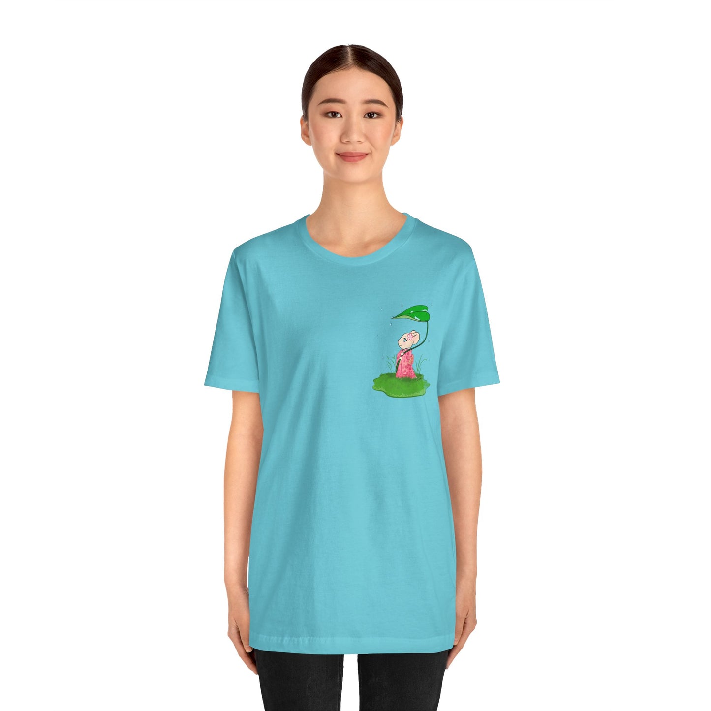 Sakura Mousie with a Leaf Umbrella on a Rainy Day - Super Soft Cotton Airlume Unisex T-Shirt (Small Pocket Graphic)