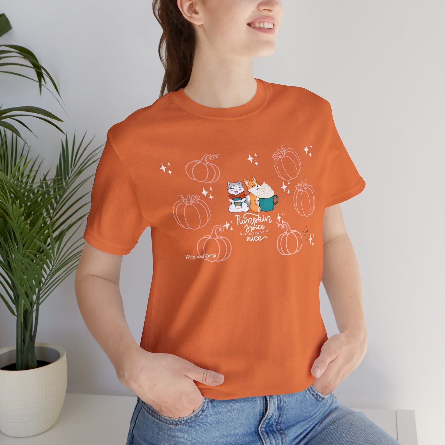 Kitty and Corgi - Pumpkin Spice and Everything Nice - Super Soft Cotton Airlume Unisex T-Shirt (Large Front Graphic)