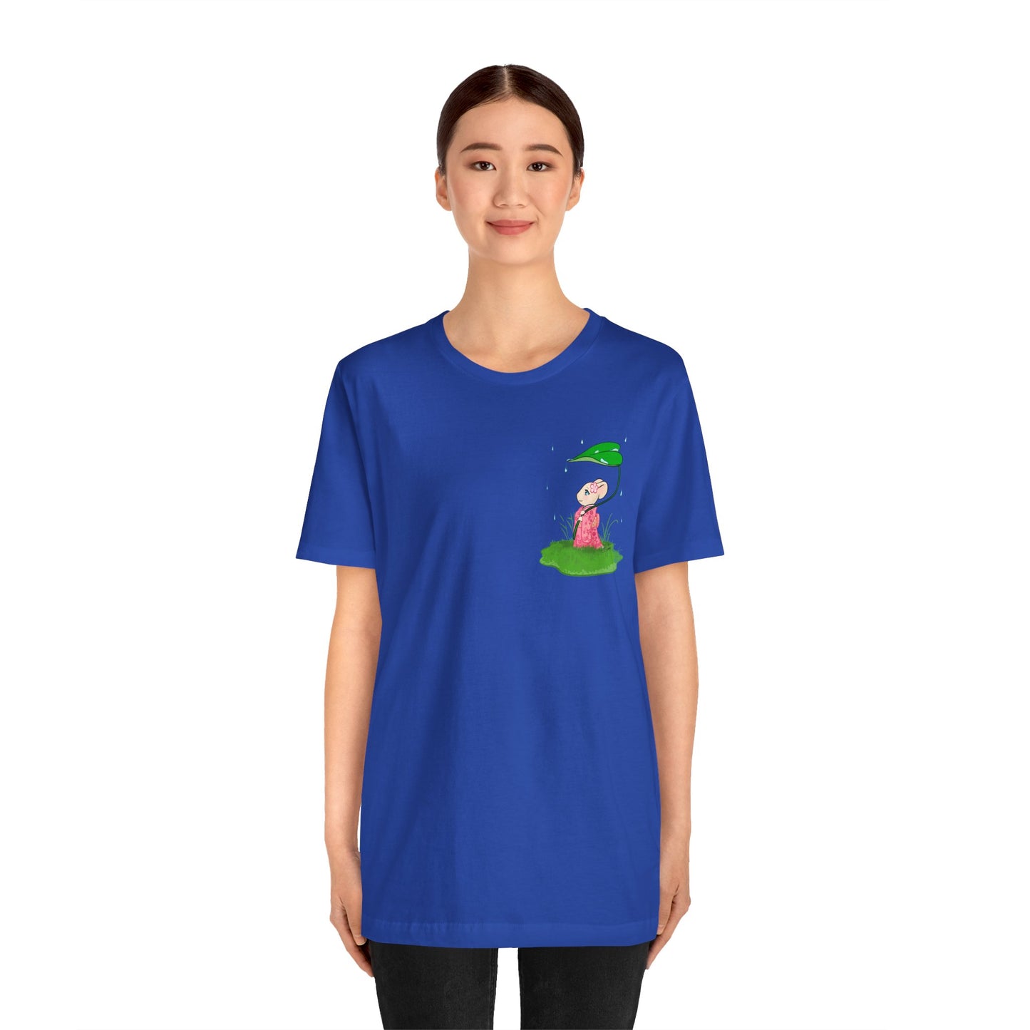 Sakura Mousie with a Leaf Umbrella on a Rainy Day - Super Soft Cotton Airlume Unisex T-Shirt (Small Pocket Graphic)