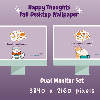 Fueled by Happy Thoughts Kitty and Corgi Pumpkin Season - Dual Monitor 4K Desktop Wallpaper