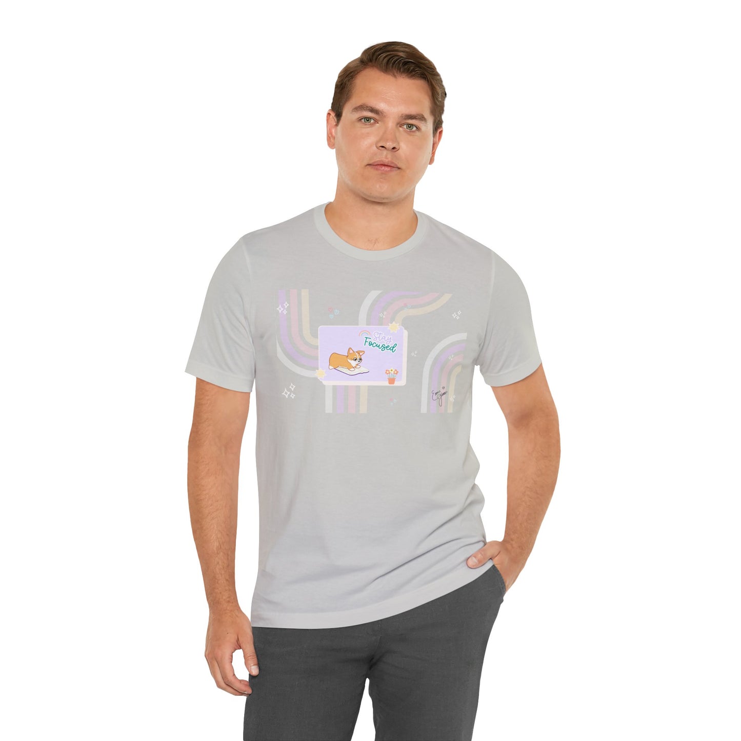 Corgi - Groovy Series - Stay Focused - Super Soft Cotton Airlume Unisex T-Shirt (Horizontal Graphic)