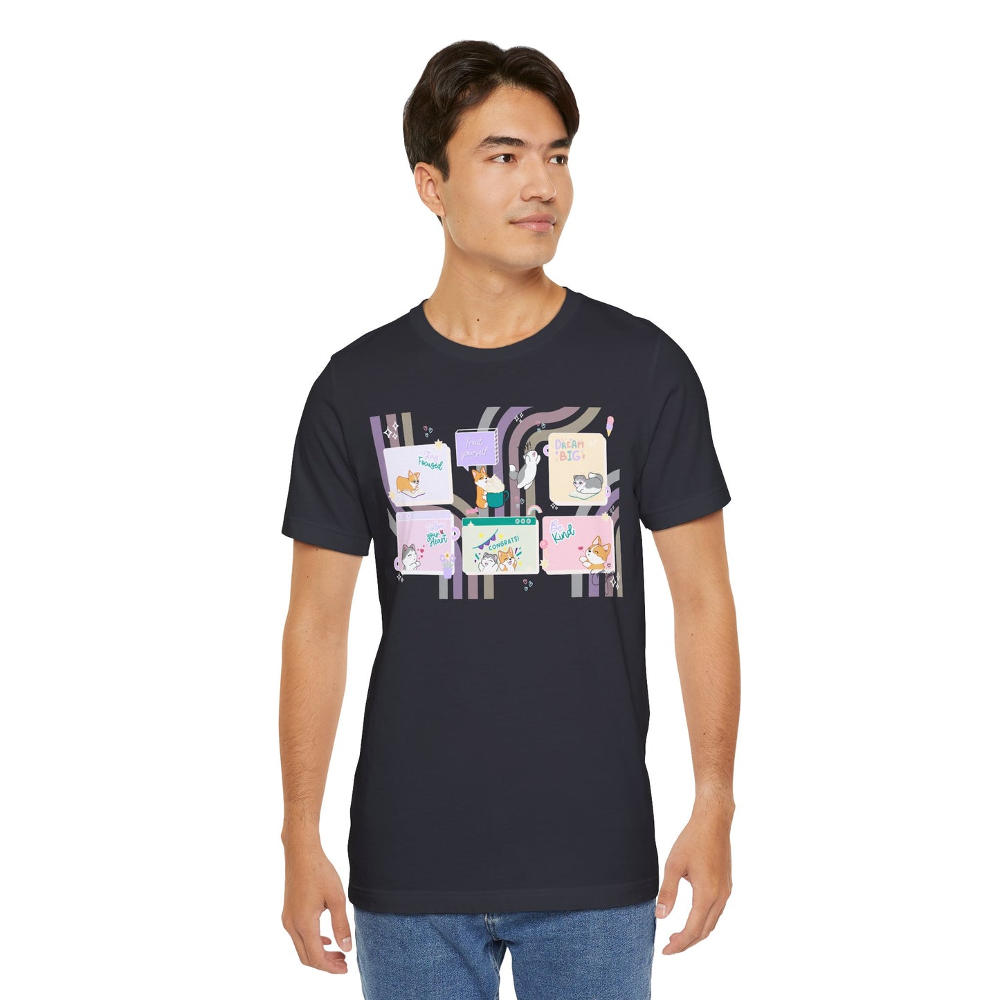 Kitty and Corgi - Groovy Encouragement Compilation - Super Soft Cotton Airlume Unisex T-Shirt (Horizontal Graphic)