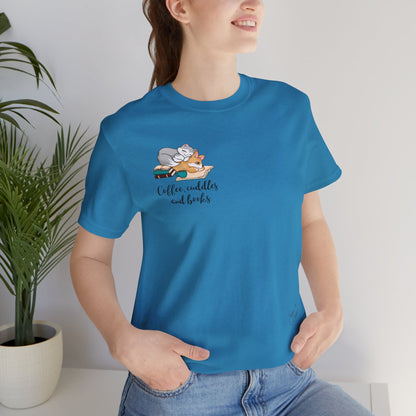 Kitty and Corgi — Coffee, Cuddles, and Books — Super Soft Cotton Airlume Unisex T-Shirt