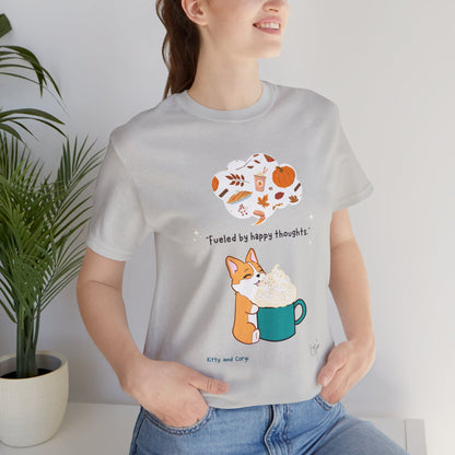 Corgi is Fueled by Happy Thoughts of Fall and Pumpkin Spice - Super Soft Cotton Airlume Unisex T-Shirt (Large Graphic)