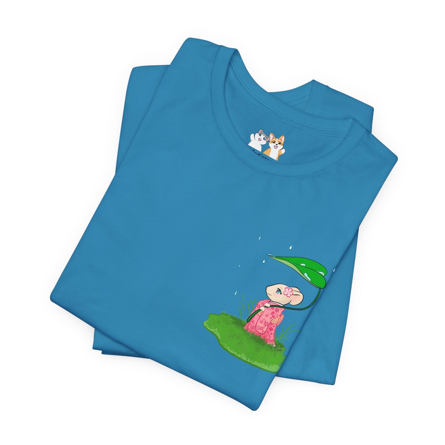 Sakura Mousie with a Leaf Umbrella on a Rainy Day - Super Soft Cotton Airlume Unisex T-Shirt (Small Pocket Graphic)
