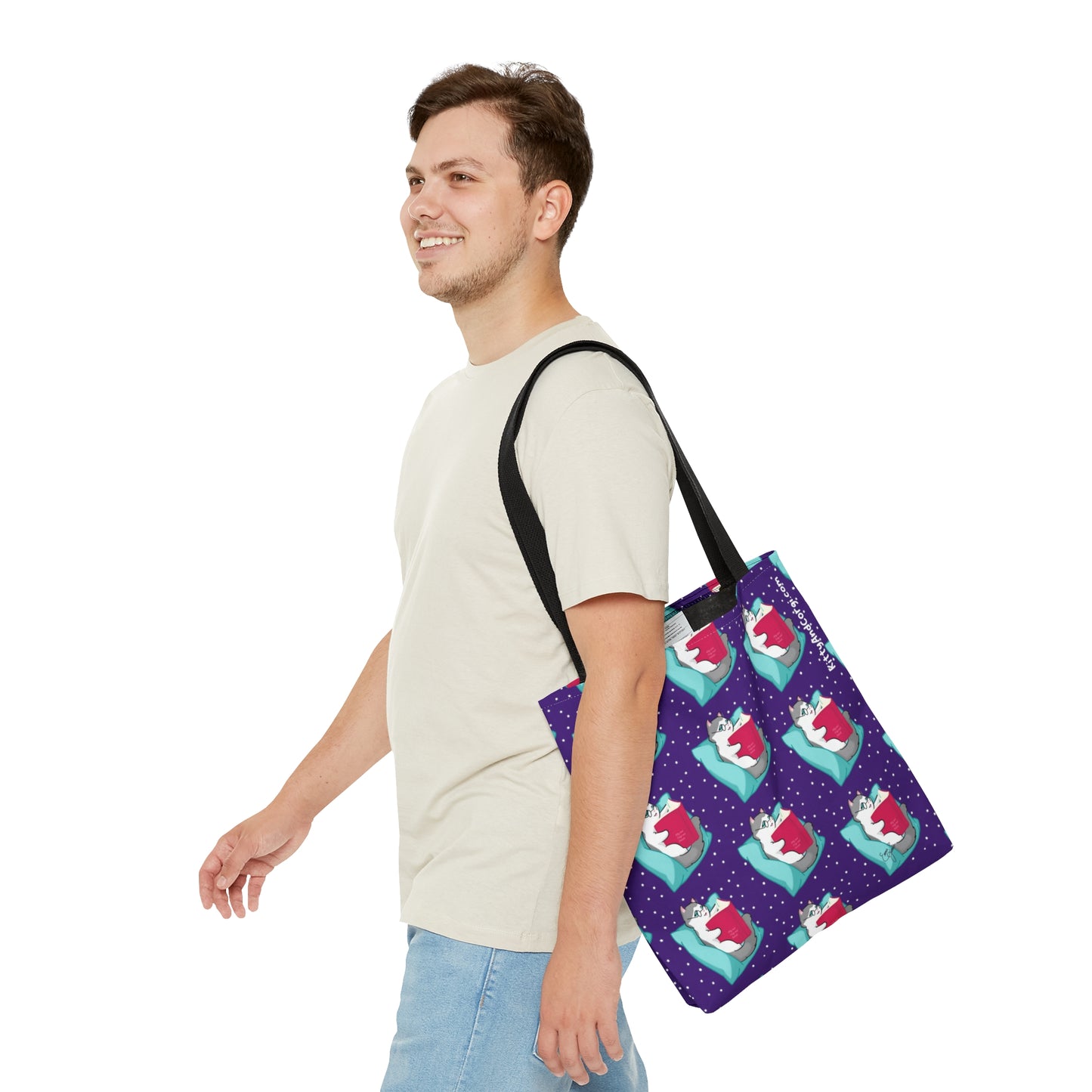 Kitty Reading a Book - Repeating Pattern in Dark Purple - Tote Bag (AOP)