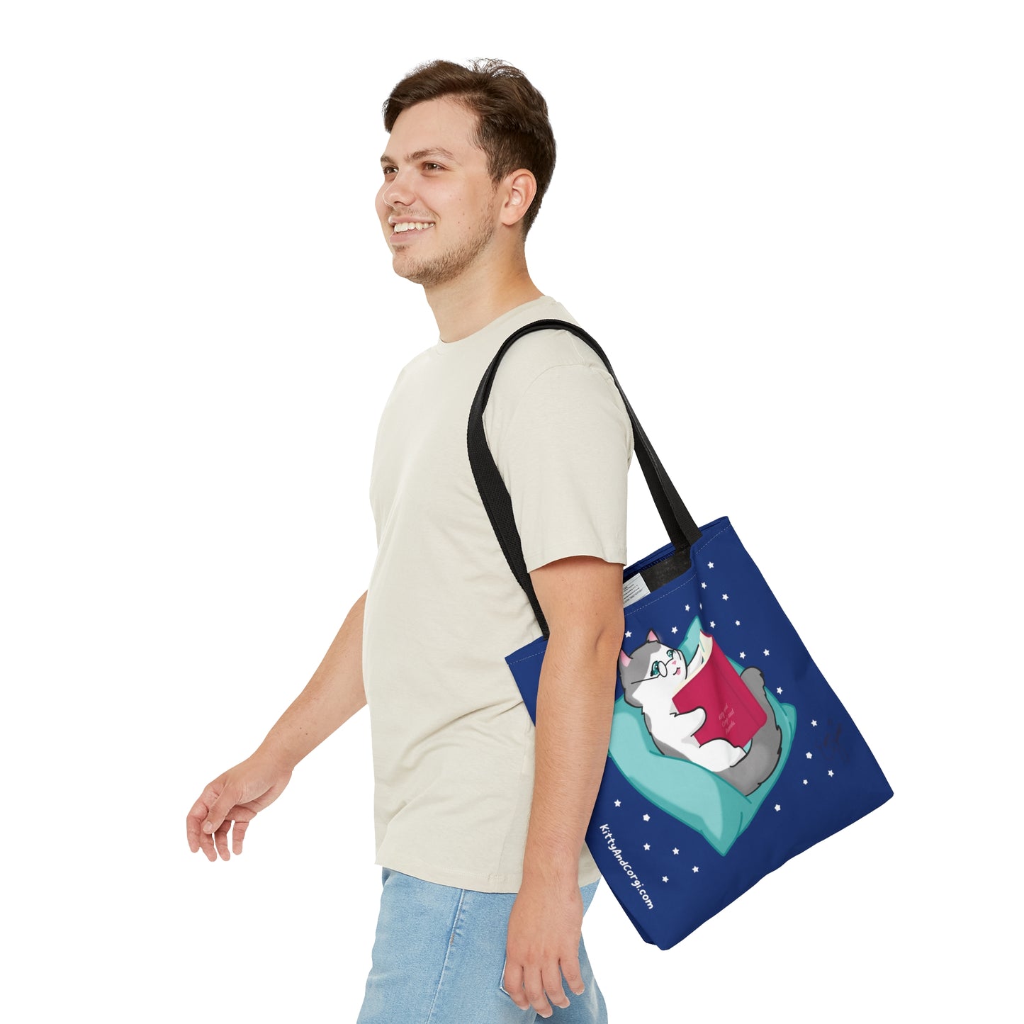 Kitty Reading a Book - single design - Midnight Blue Tote Bag (AOP)