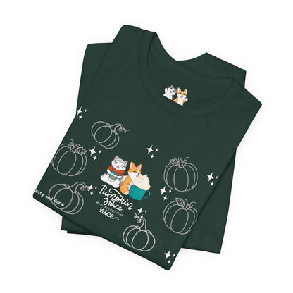 Kitty and Corgi - Pumpkin Spice and Everything Nice - Super Soft Cotton Airlume Unisex T-Shirt (Large Front Graphic)