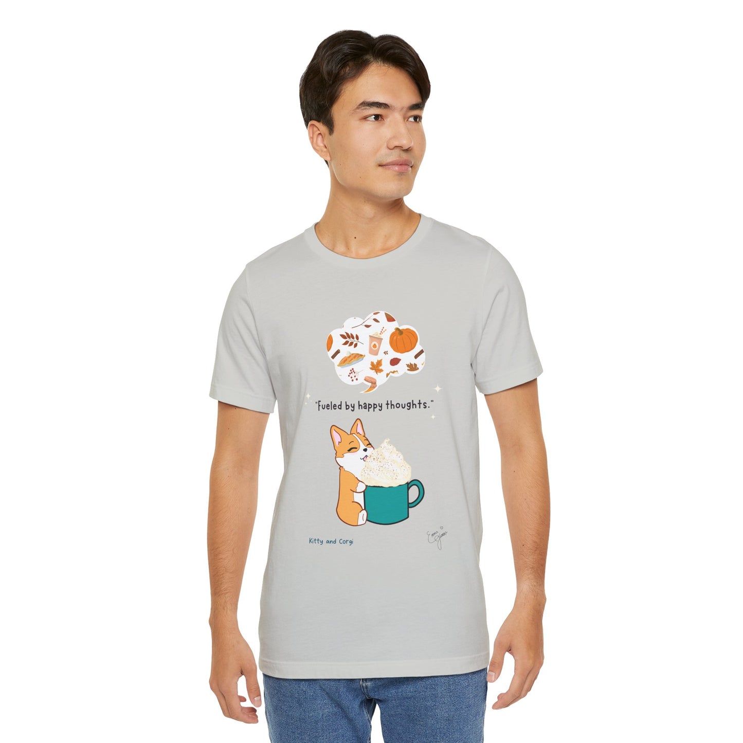 Corgi is Fueled by Happy Thoughts of Fall and Pumpkin Spice - Super Soft Cotton Airlume Unisex T-Shirt (Large Graphic)
