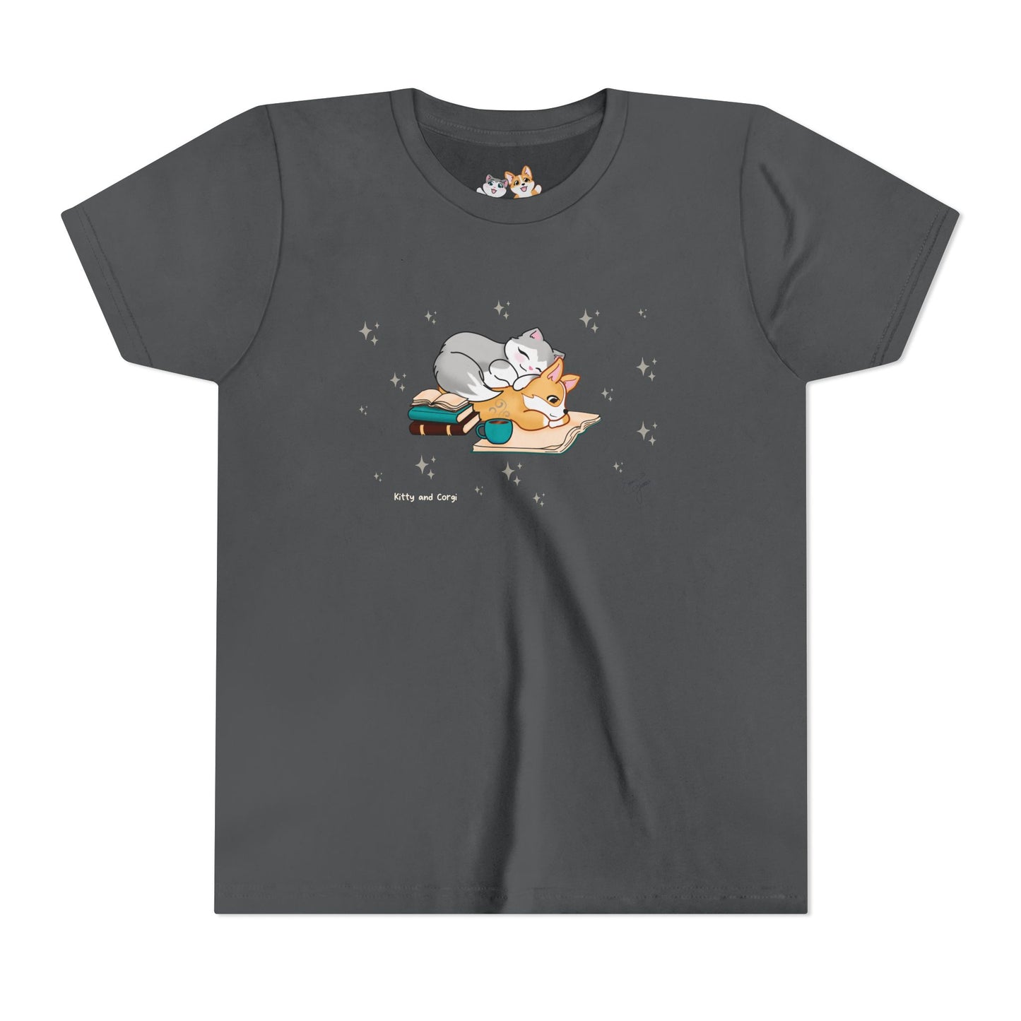 Youth Tee —  Kitty and Corgi Cuddles and Books - Unisex Youth/ Children's Graphic Tee